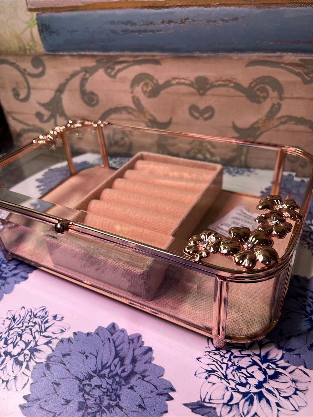 Rose Gold Glass Jewelry Tray with Pink Inserts and Floral Accents